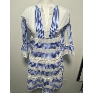 Bindu Womens Cotton Striped V-Neck 3/4 Sleeve Dress White Blue S Made In India